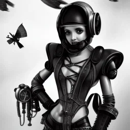 great illustrator, spanish, realistic rendering of a cute girl, beautiful, steampunk syle, black and white. Helmet with tubes. respirator. Machinery in the background. robotic bird flying. High details. 4k. unreal engine