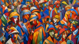 Large scale crowd scene, vibrant Cubist inspired painting. Densely packed figures, of various ages and ethnicities, depicted in exaggerated forms. Individuals wear diverse clothing, including historical style jackets, hats, and masks. Facial expressions vary, from serious to playful, some individuals engaging in animated gestures. Intense interaction between figures; a sense of bustling activity and movement within the crowd. Bold, contrasting colors, employing a mix of warm and cool tones. Acry