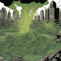 Cidade sendo destruída por uma magia verde, traço quadrinhos Marvel