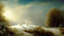 A snow-covered landscape, with a pair of ballet dancers performing a graceful waltz in the sky, surrounded by a heavenly chorus of angels.