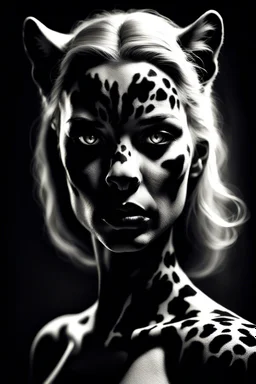 portrait of a women-panther mutant , monocrome color , amorphe dark-white shapes and shadows in backgroundhigh contrast, detailed, dark , noir, thriller, deep dark colors, gloomy, cinematic