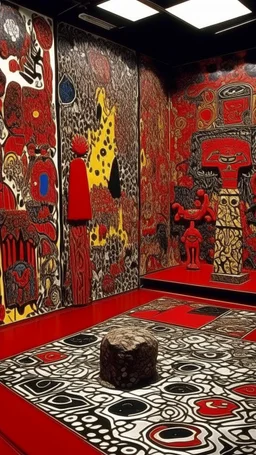 A red kingdom near a volcano designed in Maori sculptures painted by Jean Dubuffet