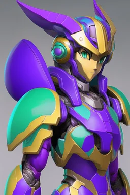 One Genderless Cyborg made of metal, has a human like face with a really long violet ponytail, the armor is similar to Omega from Megaman. The color palatte of the armour is deep purple and yellow. They have clear visor, and have Turquoise colured eyes.