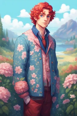 kind young sailor, man, red slightly curly hair, long jacket, pink-azure clothes, white floral pattern on the jacket, flower in the hair, stardew valley style