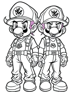 outline art for Waluigi And Wario coloring page, Japanese manga style, cartoon style, cute face, white background sketch style, full body is a must, only use outline, clean line art, no shadow, bold outline