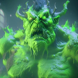 giant radioactive demon lord covered in glooming green slime, unreal engine 5, 8k resolution, photorealistic, ultra detailed