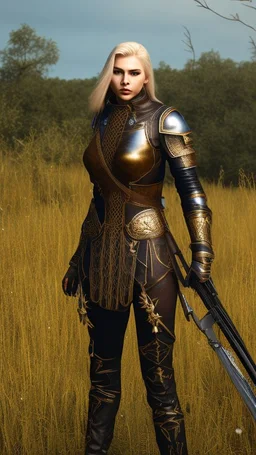 blonde female hunter wearing leather half armour dark fantasy Realistic 4k