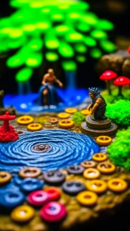 macro of a dreamly board game with a small spiral staircase that ends in a wild waterfall, fujifilm, behind a huge orc hand opens like a storm, strange atmosphere, high detail level