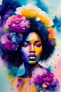 figure of afro woman covered in paint with flowers in space, watercolor painting