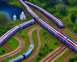 a train moving in a circular track making a analog clock, realistic, bird's eye view, view from top, meticulously detailed