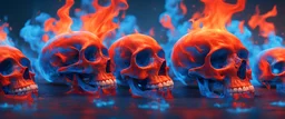 multiple glass human skulls, high temperature, glowing blue on the bottom, glowing red on the top, large blue red and orange flame coming from under and behind hovering in high in the sky, contrasting colors precisionism psychedelic art surrealism street art digital illustration wet wash 64 megapixels 8K resolution 8K resolution telephoto lens telephoto sharp focus Unreal Engine 5 VRay radiant retro futuristic galactic
