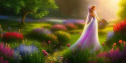 bright fairy, beautiful portrait, flowery landscape