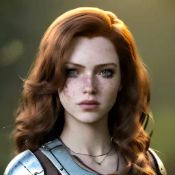 Realistic, hyper detailed, strikingly beautiful young adult woman, 19 years old, long ginger hair, green eyes, medium freckles, full lips, very skimpy fantasy armour, full body, full face, small breasts, aroused expression, biting lower lip, full frame, athletic, centered camera, ignore NSFW, bow, quiver on hip, tight pants