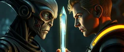Close-up confrontation between an ancient alien outcast leader synth and a space broker, standing only a meter apart, intense eye contact, glowing crystalline rod between them, anger mixed with sadness, dramatic facial expressions, shallow depth of field, cinematic lighting, stylized 3D anime, airbrush painting, crisp outlines, escher , rembrandt and titian, fallout 4