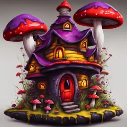 A weird mushroom house with drippy spots and eyeballs on a floating island. black red purple yellow Detailed gloss Painting, rich color, fantastical, intricate detail, splash screen, hyperdetailed, insane depth, concept art, 8k resolution, trendi