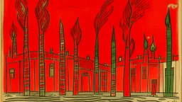 A red district with fiery torches designed in Bayeux tapestry painted by Paul Klee
