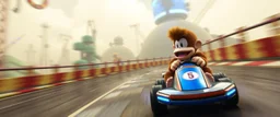 nico belic in donkey kong bowling stage racing, motion blur, weird creatures, mini racing kart, fences and hills, pits and pendulums, and cranes and squids, fog, smoke, oil slick, spies, gta 4 world