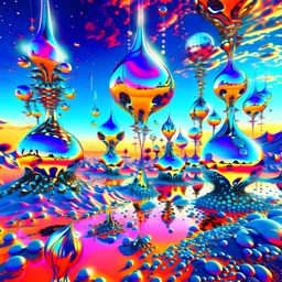 Bright, glittering, 3d, steel-like, surreal objects in a bright environment, desert, night light, high contrast, melting steel, Yves Tanguy style, Salvador Dalí style, 8k, intricate