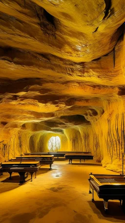 A golden yellow cave with music notes painted by Zhang Lu
