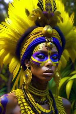trans intersex huge eyes; high couture outfits in yellow and purple; forest nature landscape; modernist buildings; nonbinary very deformed bodies; brazilian latino ethnicity headdress 3D Render of , High Detailed, Close-up, Dark light