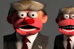 Angry muppet trump in suit, looking forward, face, eyebrows, spraytan