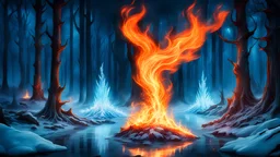 night king of GAME OF THRONES ignites frozen fire of blue flames,night frozen Forrest,lake, dramatic scene