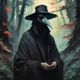 plague doctor, rugged, black robes, anime art,forest in the background, by Olivier Ledroit, by Carne Griffiths, beeple, by Alphonse Mucha, by Michael Garmash, artgerm, smooth, oil on canvas, pltn style, vector, softbox, TXAA, shimmering light, trending on artstation, pixiv polycount art, behance hd, lightwave, organic tracery, intricate motifs, sharp focus, ultra detail, 8K resolution