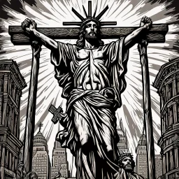 crucified on the cross christ liberty hybrid tone, american flag robes, line tone ,woodcut, engraved, wall street journal style, statue of cruicified Jesus of Liberty with a beard and wearing a cross and hanging from a cross, The statue male, hyperdetailed intricately detailed photoillustration ink drawing dystopian 8k resolution entire body of the statue is in the picture. digital illustration telephoto lens photography , same colors as the us treasury's one dollar bill, crucified"