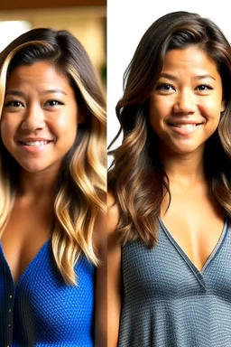 Gina Rodriguez at 25% transformation reveals subtle changes in her appearance. Her physique gains a touch of curvature, and her facial features become refined. Hair lightens to a vibrant blonde, cascading down her shoulders in waves. A gentle glow enhances her complexion. Measurements hint at increased curves. Outfit shifts to snug jeans and a form-fitting top. Body: Curved, Subtle Changes, Refined Hair: Blonde, Waves Complexion: Glowing Facial Features: Enhanced Measurements: Slight Curves