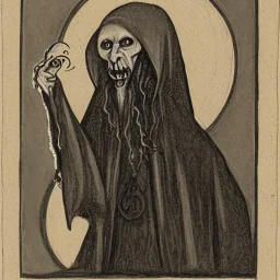 Russian Orthodox nosferatu with multiple eyed and tentacle beard and long arms and fingers