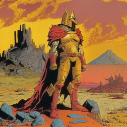 Un caballero en armadura dorada medieval en un estilo de comic de 1980 en un wasteland en montevideo con un volcan rojo de fondo