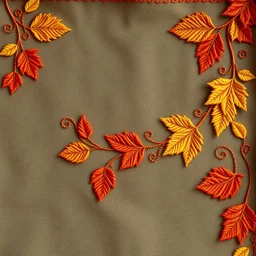 autumn colored cloth banner embroidered with ornamental leaves and filigree + brass, increased thread texture and definition