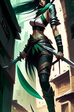 a woman with a Ninja's Machete standing in front of a building, akali, akali from league of legends, league of legends concept art, league of legends splash art, riot games concept art, league of legends character art, league of legends art, official splash art, iconic character splash art, beautiful female assassin, league of legend, league of legends art style