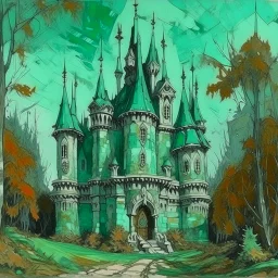 A mint colored Halloween theme castle painted by Claude Monet