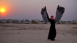 A Palestinian girls have wings wearing an palestinian dress in gaza during sunset in winter.