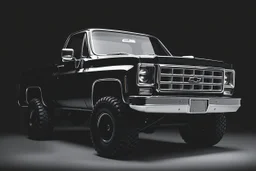 front corner 1973 Chevrolet square body truck(lifted) facing a little to viewer's left, dark gray background, high contrast black and white vector