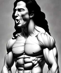 native american warrior, long black hair, big muscles, face up, mouth wide open, scream face, shirtless, looking to the sky