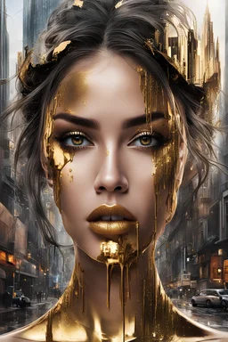 An exaggerated female face is the centerpiece, staring into the camera, with a bustling urban streetscape merged within her facial features. The cityscape is notably prominent in her features, as if seen in the reflections in her eyes and lips. The face appears to be melting, with golden liquid metal dripping from the eyes and lips, flowing over the incorporated city scene, creating a sense of movement and surrealism. The golden flow not only imparts a vivid sense of dynamism to the image