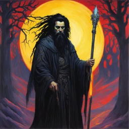 Art by Kupka: John Travolta Zombie with black dreads and black wild beard as a fantasy necromancer holding a glowing black ram staff and wearing black magic robes