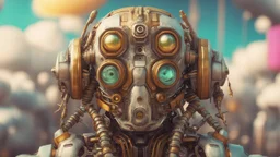 a beautiful full frame portrait digital painting of futuristic gaspunk robot, wide angle view, close-up, macro lens, centered camera, titanium accents, intricate details, small minutiae, tiny features, particulars, colorful, 8k, least ambient occlusion, volumetric lighting, volumetric clouds