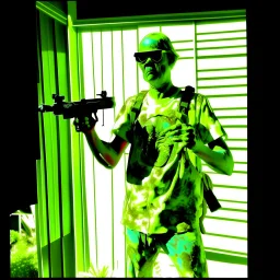 caught in a grainy ring doorbell cam screen capture, high film grain, poor quality picture, glitches and static, faded colors, zombie in a Hawiian shirt holding a shotgun