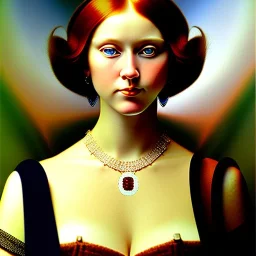 oil Portrait of a redhead beautiful busty voluptous adult woman with emeralds necklace with big Blue sad eyes looking to viewer by GRANT WOOD Ingres 8k