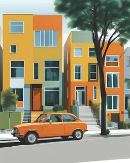 Architectural drawing of an urbanization of modern two-story houses, streets, trees, people and cars, complementary colors