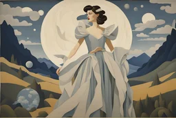 A. J. Casson oil painting tufting tapestry, Otherworldly, young beautiful HD face Princess of the Moon avant-garde organza StarWars fashion, Austrian Symbolism, arcane atmosphere, countryside-style raw dream dimension