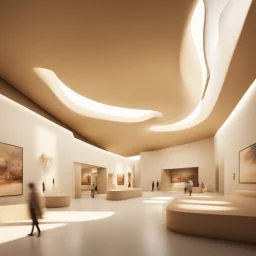 Museum design with “interactive exhibition halls”, natural lighting, modern style, earthy colours