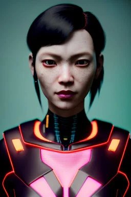 Medium Close Up Portrait, Front image. cyberpunk Asian woman, rabbit mask, pink short hair. latex suit. Red, black, gold, color. Ghost in the shell style. Color background, photo studio. Avatar image, highly detailed, concept art, smooth, unreal engine 5, god rays, ray tracing, RTX, lumen lighting, ultra detail, volumetric lighting, 3d, finely drawn, high definition, high resolution.