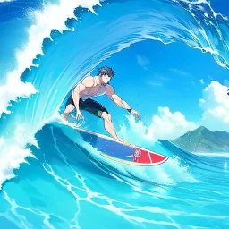 anime surfer boy, surfboard, waves crashing