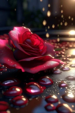 66. Rose petals, sparkling dew drops, realistic, 64k, cgi, 1/300s, solar backlight in the background, beautiful