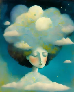 A dreamy portrait of a figure with their head in the clouds, literally, with their thoughts and dreams visible as miniature scenes within the fluffy formations, in the style of magical realism, soft pastel colors, and a sense of whimsy, inspired by the works of Marc Chagall and Odilon Redon, exploring the power of imagination and creativity.