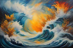 turbulent ocean currents, creating foam and spray. An acrylic painting bursts with vibrant colors, capturing the creature's power with bold contrasts and textured details. The underwater scene blends realism and fantasy, featuring dramatic lighting and rich flora. Sunlight filters through, casting warm gold hues. The background has towering waves and distant storm clouds, evoking a narrative of struggle. This artwork by Wayne Barlowe and Artgerm